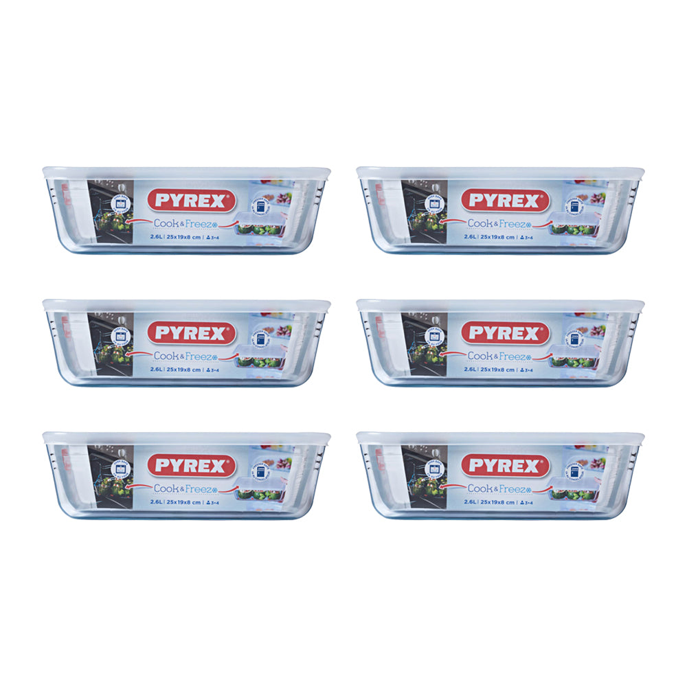 6 קופסאות אחסון מלבני + מכסה פלסטיק 2.6 ליטר PYREX