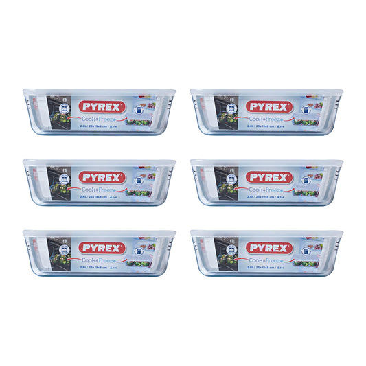 6 קופסאות אחסון מלבני + מכסה פלסטיק 2.6 ליטר PYREX
