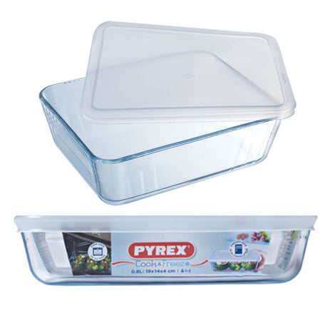 כלי אחסון מלבני + מכסה פלסטיק 0.8 ליטר Pyrex