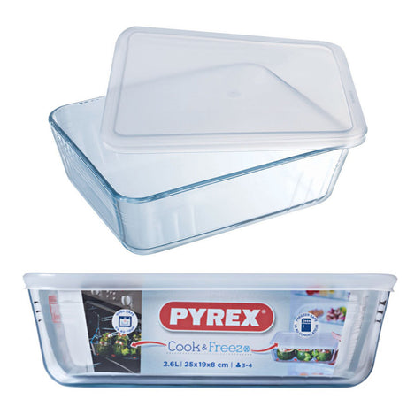 כלי אחסון מלבני 2.6 ליטר + מכסה פלסטיק Pyrex