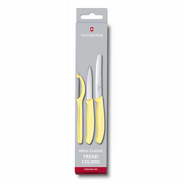 מארז קולפן אוניברסלי משונן ושני סכינים Victorinox צהוב פסטל