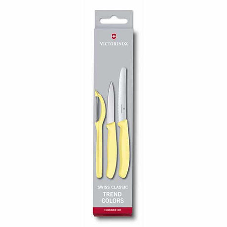 מארז קולפן אוניברסלי משונן ושני סכינים Victorinox צהוב פסטל