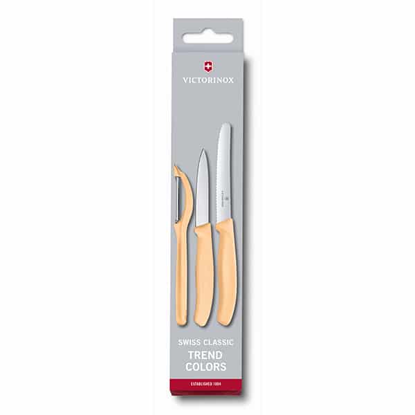 מארז קולפן אוניברסלי משונן ושני סכינים Victorinox כתום פסטל